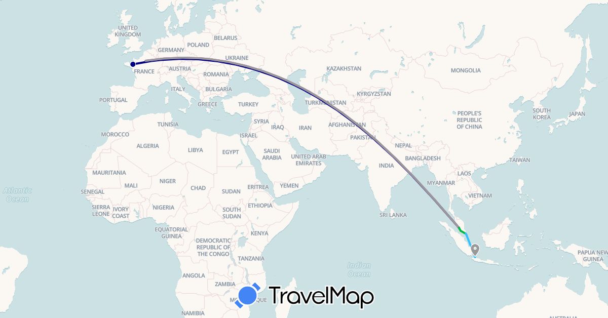 TravelMap itinerary: driving, bus, plane, train, boat in France, Indonesia, Malaysia (Asia, Europe)
